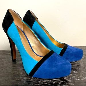 BCBG Generation Perries Blue Kidsuede Heels Colorblock 7.5M NIB